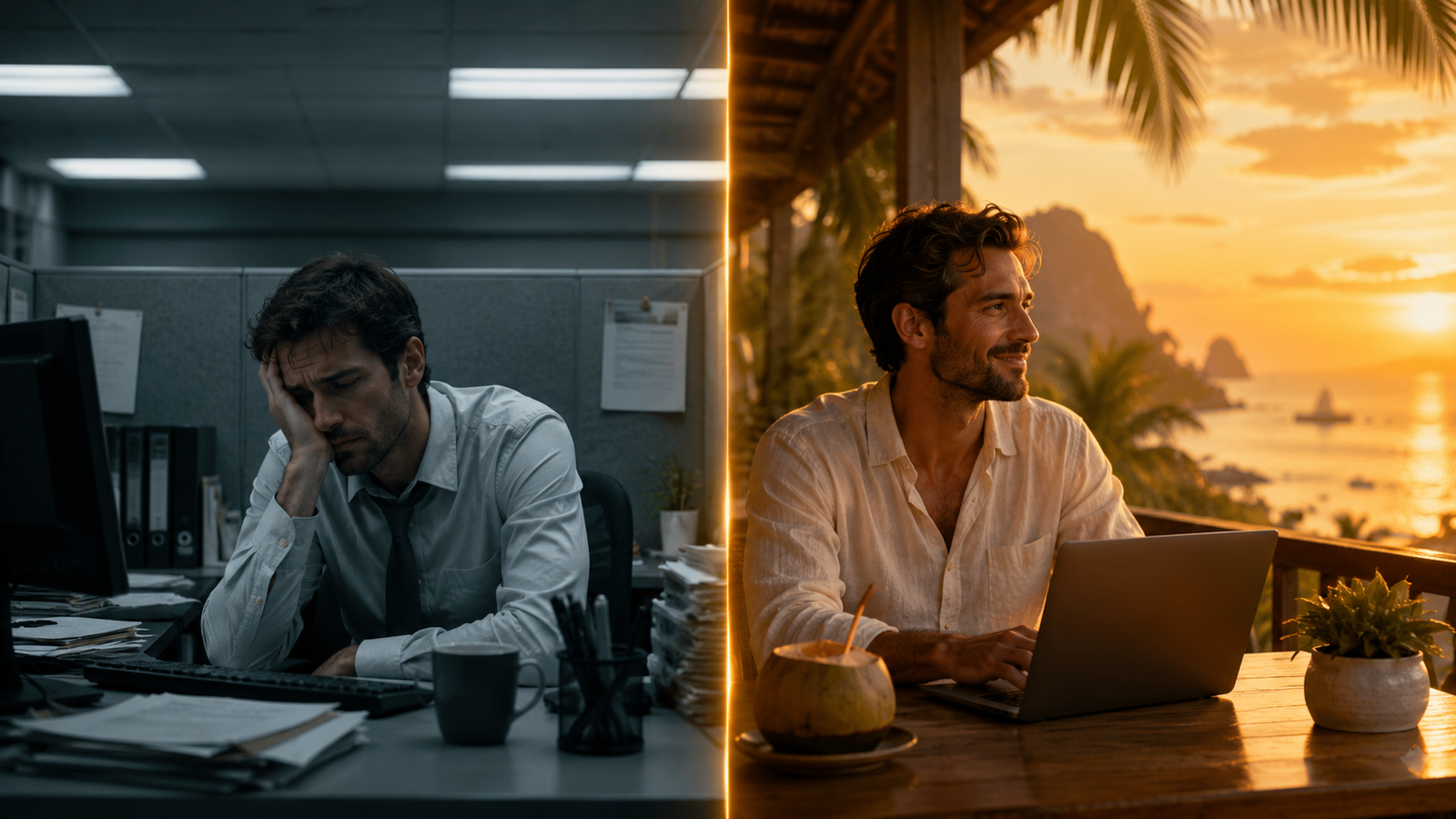 The cubicle grind on the left, the free life abroad on the right